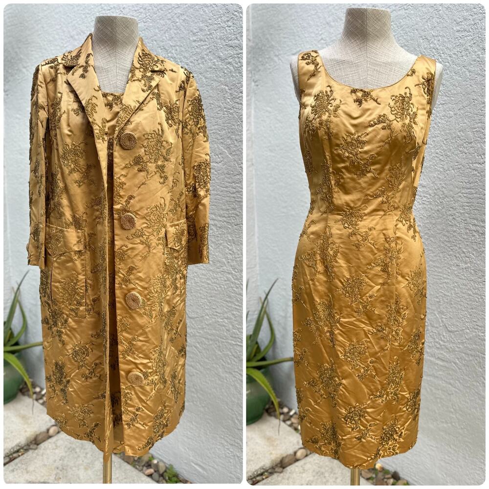 Vintage 60-70s Peerless Camellia Room Golden Floral Hand Beaded Dress and Coat